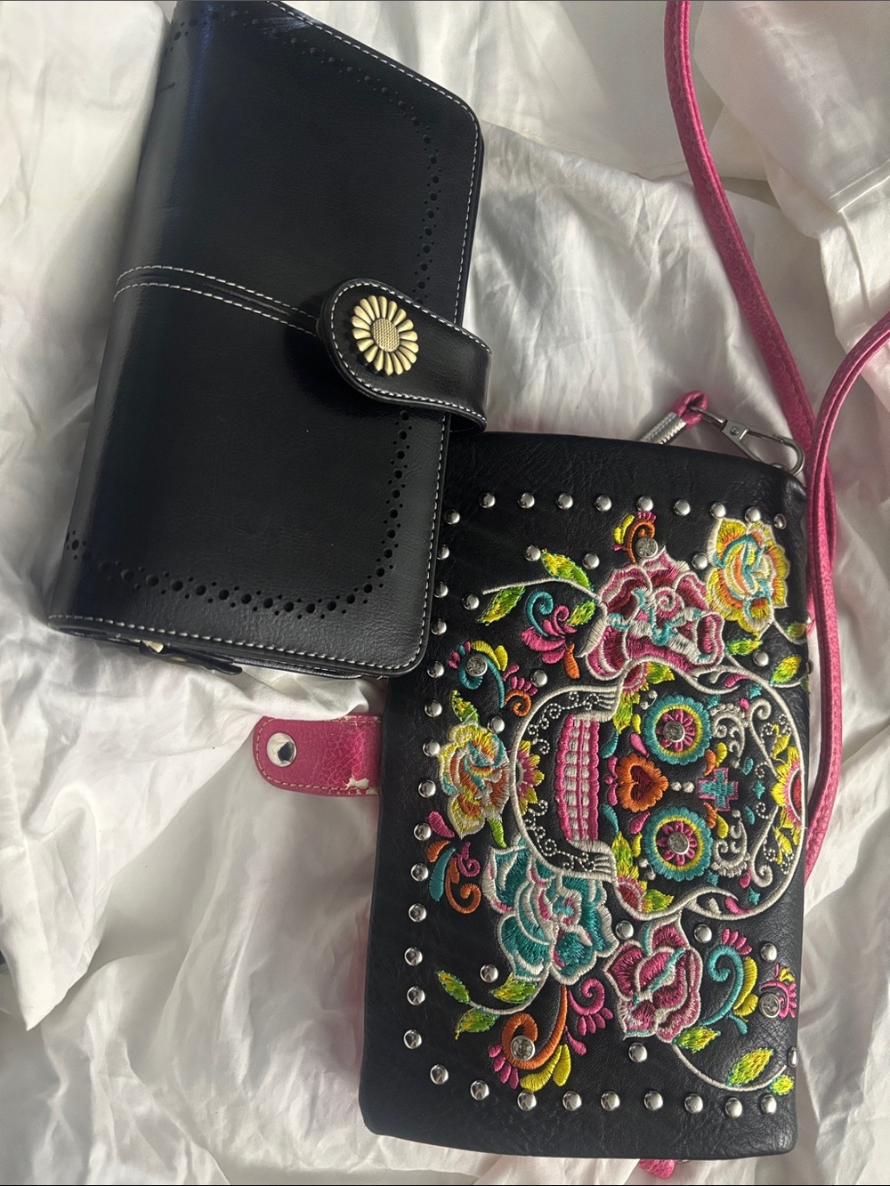 2 wallets - Embroidered Floral Skull Crossbody Wallet with Strap+black wallet